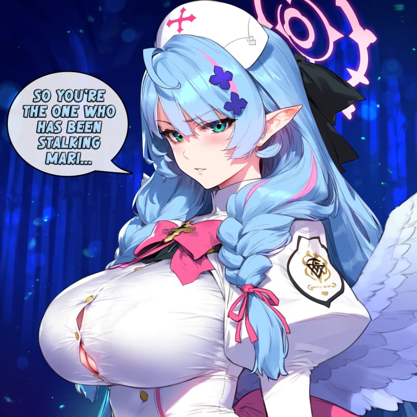 absurd_res absurdres ai_generated angel angel_wings angry angry_face blue_archive blue_hair blush clenched_teeth closed_mouth color commentary darklust dialogue english english_commentary english_dialogue english_text female hi_res high_resolution highres human large_breasts mine_(blue_archive) motion_blur motion_lines novelai nurse nurse_cap nurse_uniform open_mouth school_uniform self_upload speech_bubble speed_lines sweat tagme text uncensored