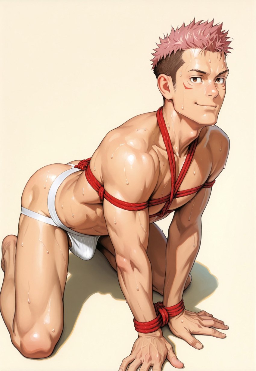 abs ai_generated balls bara big_balls big_penis blush bondage gay human_only itadori_yuuji jockstrap jujutsu_kaisen male male_only muscular penis rope sweat tied_up yaoi yoichisai