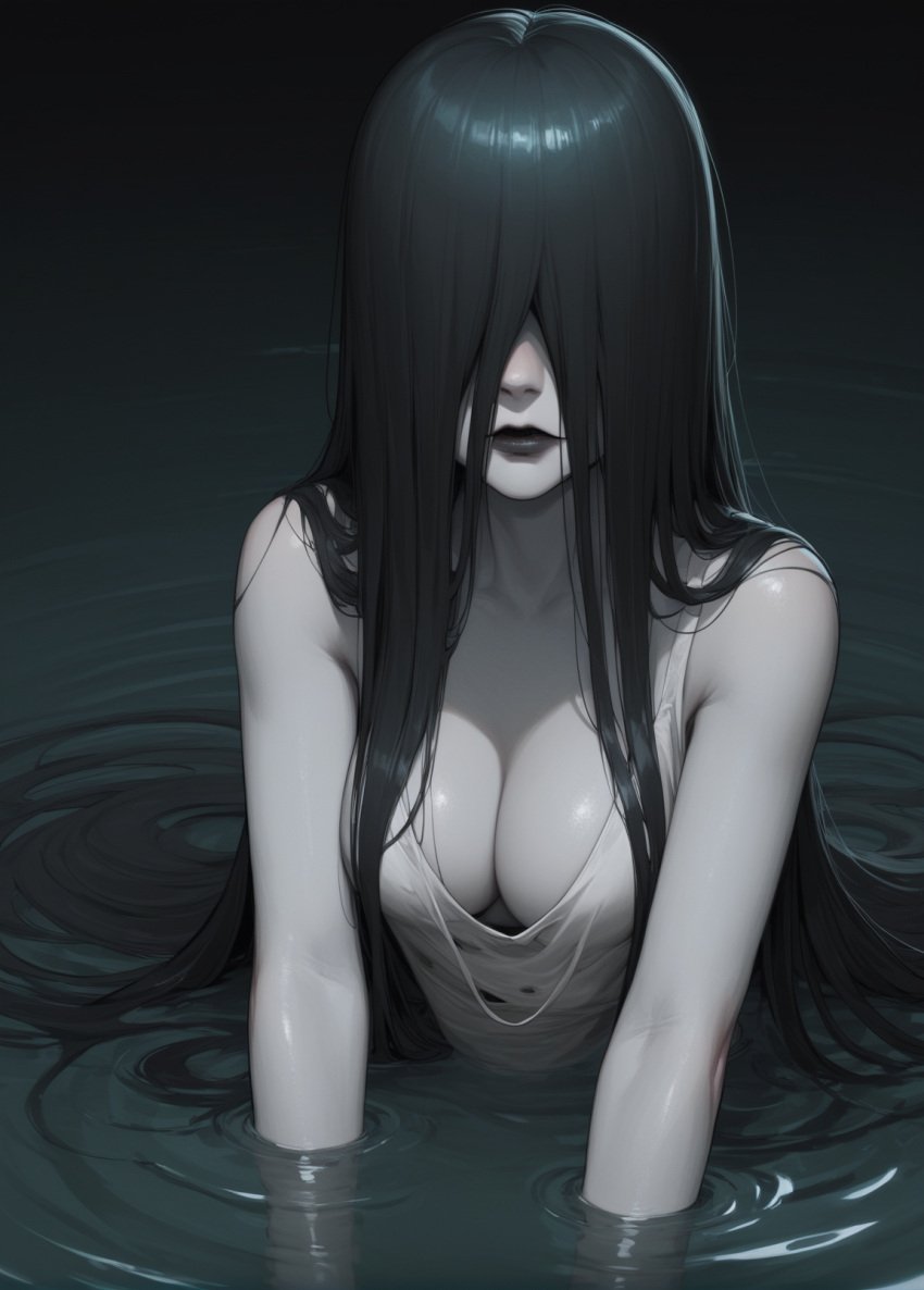 1girls ai_generated black_hair_female black_lipstick breasts cleavage dwby female_only ghost_girl hair_over_eyes long_hair_female partially_submerged solo_female the_ring very_long_hair_female water yamamura_sadako