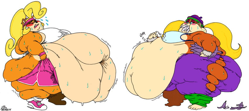 2girls anthro ass banana banana_peel bandicoot beanie beanie_hat belly belly_overhang blonde_hair blue_eyes breasts brown_fur coco_bandicoot crash_(series) dolphin_shorts donkey_kong_(series) fat female female_focus female_only furry hips large_ass large_breasts monkey monkey_girl naughty_dog nintendo obese obese_female overweight overweight_female ponytail primate pulling_up_shorts rareware slapping_belly stomach struggling struggling_to_fit sweat sweatband sweating sweaty sweaty_body tank_top thick_thighs thighs tiny_kong wardrobe_malfunction weight_gain wide_hips workout xanderdwulfe