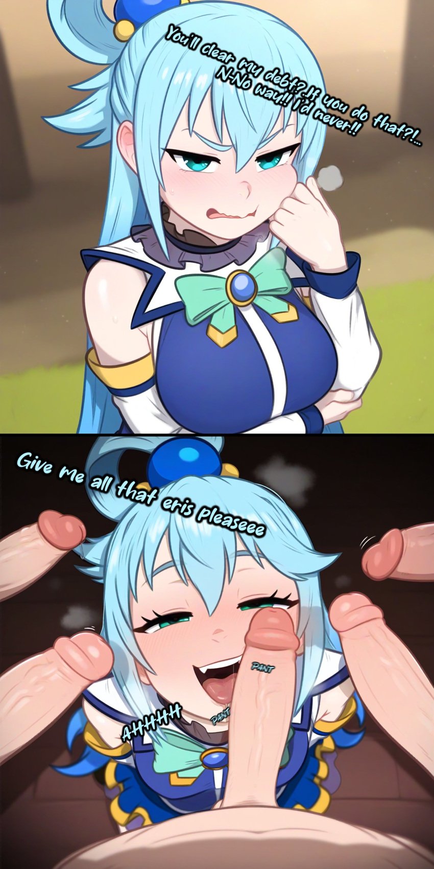 1girls ai_generated aqua_(konosuba) blue_eyes blue_hair blush english_text female female_focus fluffylewdsai kono_subarashii_sekai_ni_shukufuku_wo! light-skinned_female light_skin multiple_boys multiple_penises text