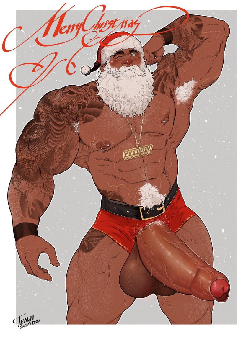 abs balls bara biceps big_balls big_penis christmas daddy erection holidays male male_nipples male_only manly mature_male muscular_male nipples pecs penis santa_claus ten_g89 white_beard white_hair