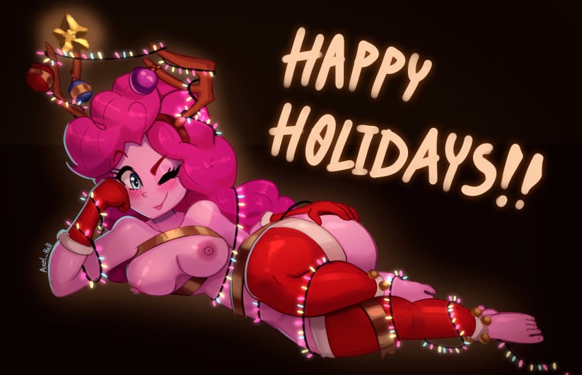 2024 antlers axel_hell blue_eyes blush breasts brown_background christmas christmas_lights feet female female_only friendship_is_magic gloves hasbro lying_on_side my_little_pony nipples one_eye_closed pink_body_pink_skin pink_hair pinkie_pie_(mlp) stockings