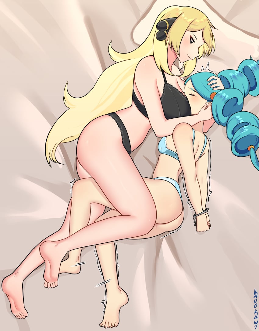 2girls absurd_res ace_trainer_(pokemon) ace_trainer_(pokemon_bw) aqua_hair arms_behind_back artist_name asphyxiation ass barefoot bedsheets big_breasts black_bra black_eyes black_panties blonde_hair blue_bra blue_panties bondage bra breast_smother breasts cleavage creatures_(company) cynthia_(pokemon) drill_hair feet female female_only femdom femsub game_freak handcuffed handcuffs hi_res kadokawi lingerie long_hair lying nintendo npc_trainer on_side panties pillow pokemon pokemon_bw pokemon_dppt sadism signature small_breasts smile trembling twintails underwear underwear_only very_long_hair yuri