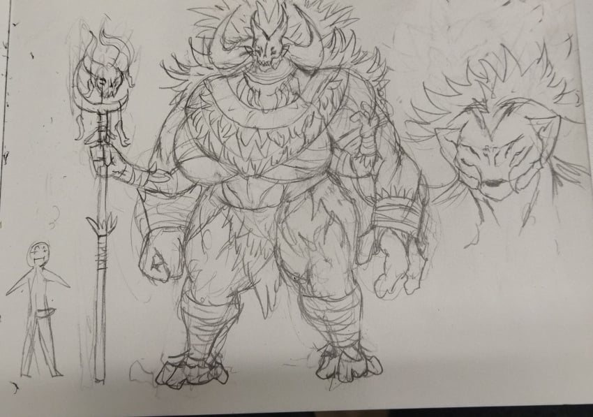 clothed concept_art drawing gigantic_breasts horns larger_female mask multi_arm multi_limb muscular_female size_difference skull smaller_male staff unnamed_character ze_blackball.d zeblackballd_(artist)