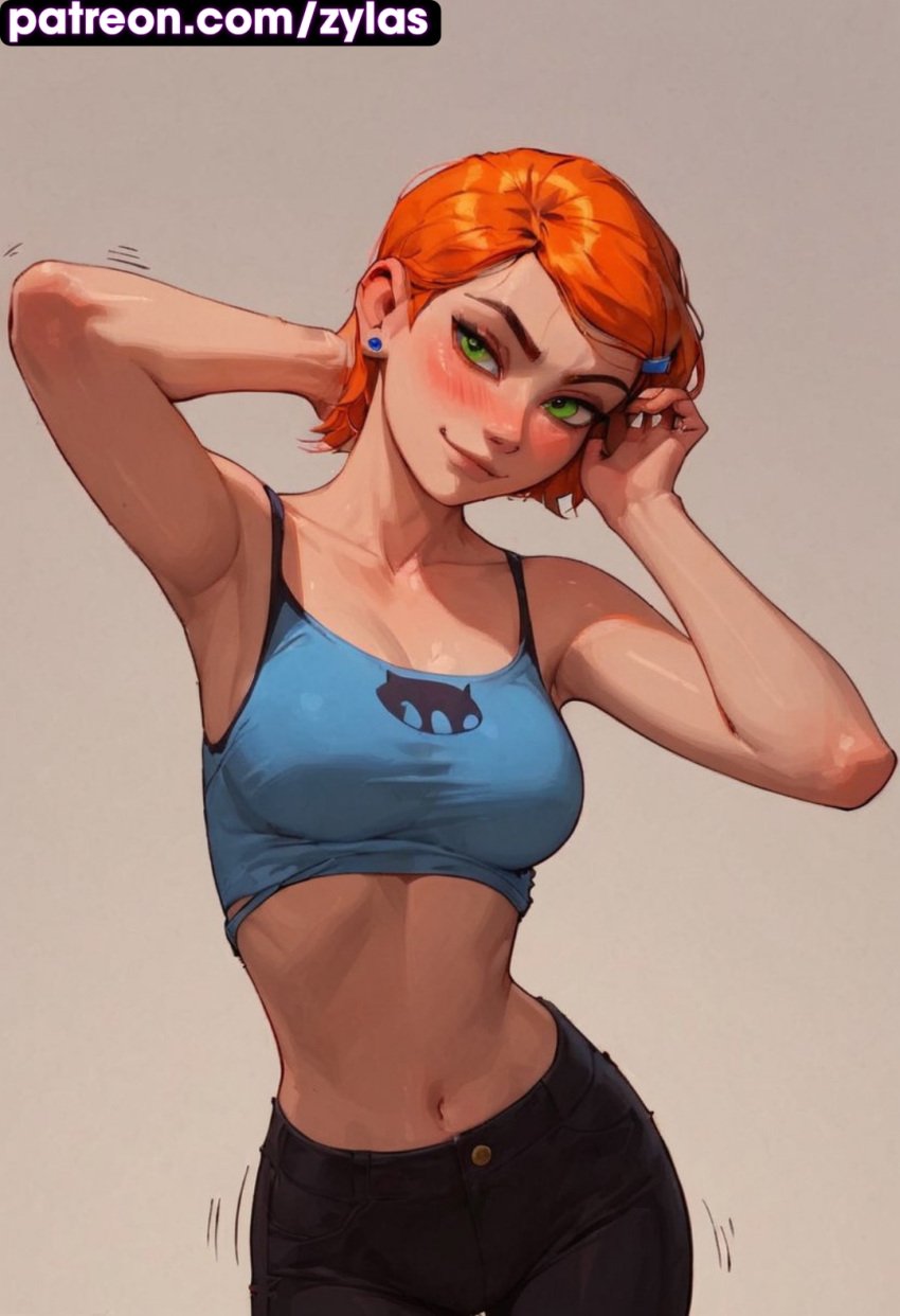 ai_generated ben_10 big_ass big_breasts gwen_tennyson gwen_tennyson_(classic) naked_female pink_nipples pose ryuuziken01 short_hair shy sweat tank_top