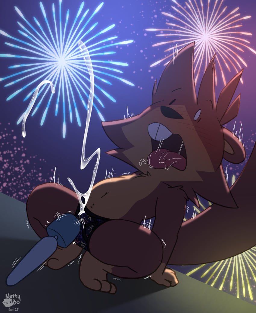 2d anthro blush bo_(nutty_bo) bodily_fluids briefs brown_body clothed clothing cum cum_in_clothing cum_in_underwear cum_through_clothing cum_through_underwear cumshot ejaculation fireworks fur genital_fluids hair hi_res holidays mammal new_year night nutty_bo open_mouth orgasm outside pattern_briefs print_briefs print_clothing print_underwear rodent sciurid sex_toy tail tree_squirrel underwear vibrator wet wet_clothing wet_underwear