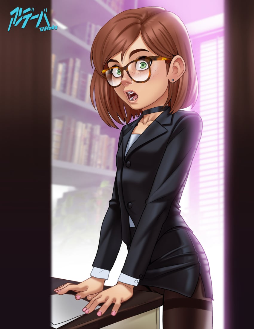 absurdres andava black_choker black_jacket black_pantyhose black_skirt brown_hair cameltoe character_request choker collarbone desk female glasses green_eyes highres indoors jacket looking_at_viewer office_lady open_mouth original pantyhose petite pink_nails shirt short_hair skirt solo surprised white_shirt