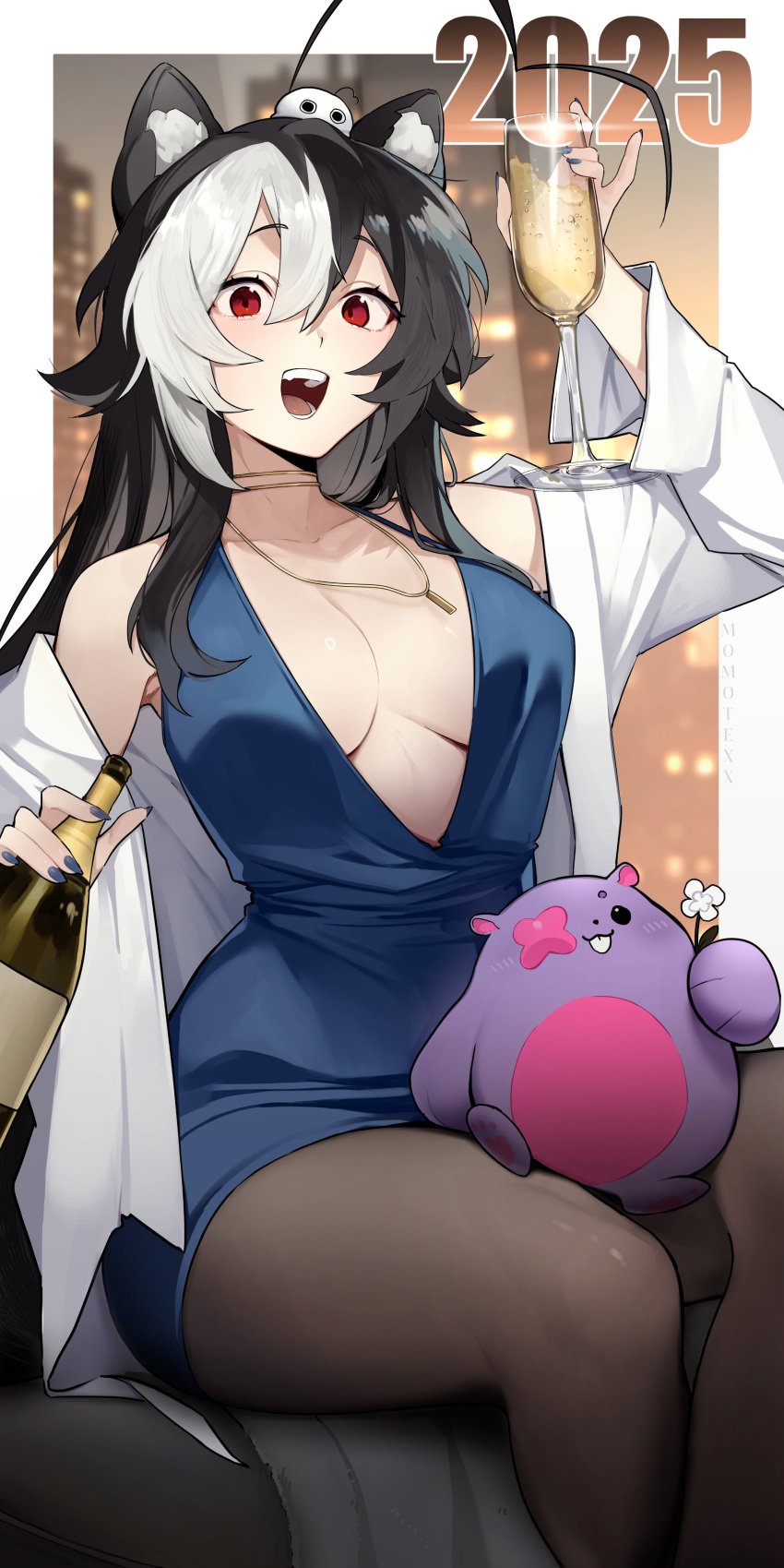 :d alcohol animal_ears bangs bare_shoulders black_dress black_hair blue_dress bottle breasts cleavage collarbone cup disposable_cup dress eyebrows_visible_through_hair fangs female hair_between_eyes holding holding_cup jewelry large_breasts long_hair long_sleeves looking_at_viewer momotexx_(artist) momotexx_(vtuber) multicolored_hair nail_polish necklace oerba_yun_fang open_clothes open_mouth pantyhose red_eyes sitting sleeveless sleeveless_dress smile solo two-tone_hair vyugen white_hair