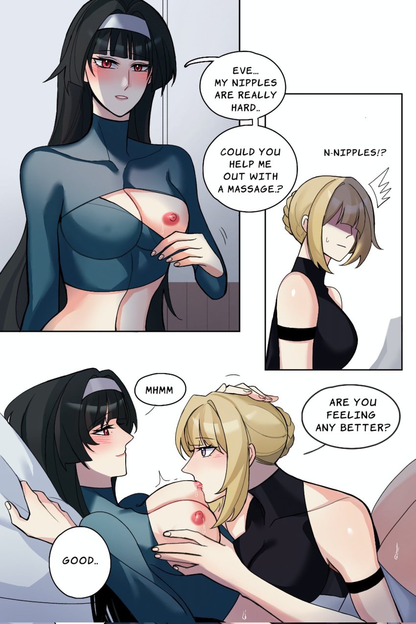 2girls areolae astra_yao black_hair blonde_hair blush breasts english_text evelyn_chevalier female female_only hoyoverse light-skinned_female light_skin mihoyo nipples red_eyes speech_bubble text very_long_hair yuri zenless_zone_zero