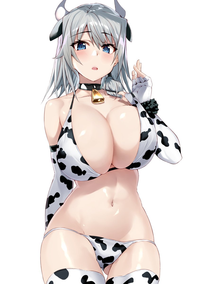 1girls absurdres animal_ears animal_print ass_visible_through_thighs bare_shoulders bell bikini blue_eyes blush breasts bridal_gauntlets choker cleavage collarbone cow_ears cow_horns cow_print cow_print_bikini cowbell detached_sleeves elbow_gloves elsa_(s-rank_boukensha) gloves grey_hair highres horns hucow huge_breasts long_hair looking_at_viewer navel neck_bell open_mouth print_bikini s-rank_boukensha_de_aru_ore_no_musume_tachi_wa_juudo_no_fathercon_deshita shiny_skin shunichi simple_background solo swimsuit thighhighs white_background white_bikini white_gloves white_thighhighs