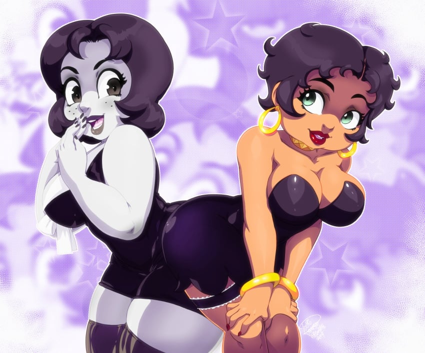 2girls alternate_version_at_source alternate_version_available ass_to_ass betty_boop betty_boop_(series) big_breasts black_hair bracelets breasts cleavage color crossover drawn_together duo duo_female ear_piercing female_only gold_earrings gold_jewelry green_eyes grey-skinned_female hoop_earrings light-skinned_female looking_at_back purple_background red_lipstick rubberhose smiling symmetrical_docking thick_thighs thighhighs toot_braunstein tovio_rogers