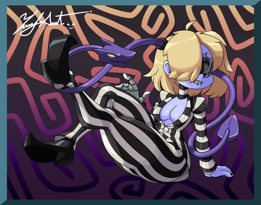 beetlejuice blonde_hair glasses leviathan_(skullgirls) neckline skullgirls squigly striped_suit thick_thighs thighs zeusart