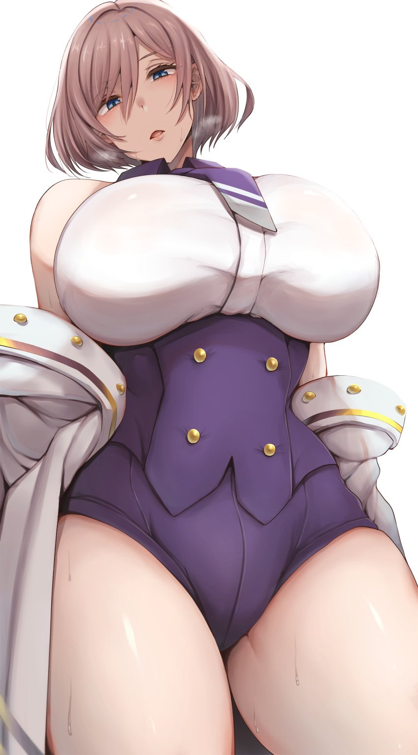 absurdres bare_shoulders blue_eyes breasts brown_hair coat cobra_no_oyatsu cowboy_shot female from_below gridman_universe hair_between_eyes highres huge_breasts huge_filesize looking_at_viewer looking_down mujina narrow_waist necktie parted_lips purple_necktie purple_shorts short_hair short_shorts shorts simple_background solo ssss.dynazenon sweat thighs white_background