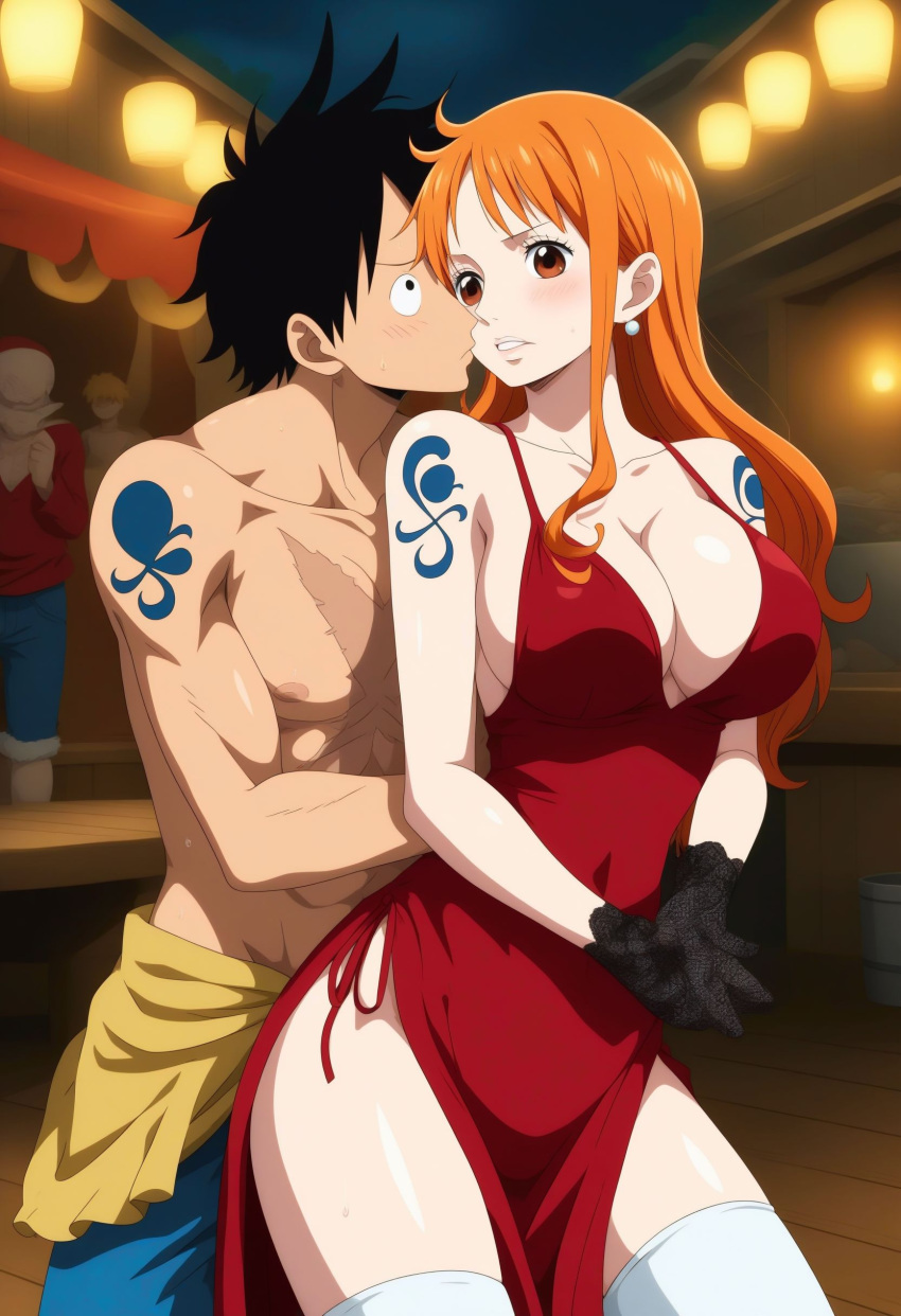 18anime_18 ai_generated big_breasts curvy curvy_female female male monkey_d_luffy muscular_male nami one_piece post-timeskip