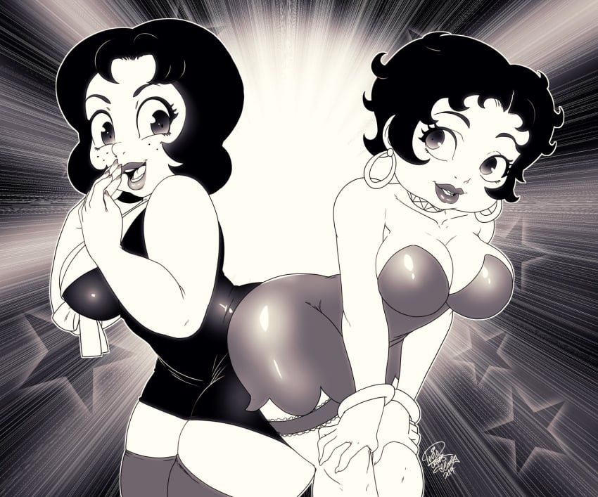 2girls alternate_version_at_source alternate_version_available ass_to_ass betty_boop betty_boop_(series) big_breasts black_and_white bracelets breasts cleavage drawn_together duo duo_female female_only grayscale looking_back rubberhose smiling symmetrical_docking thick_thighs thighhighs toot_braunstein tovio_rogers