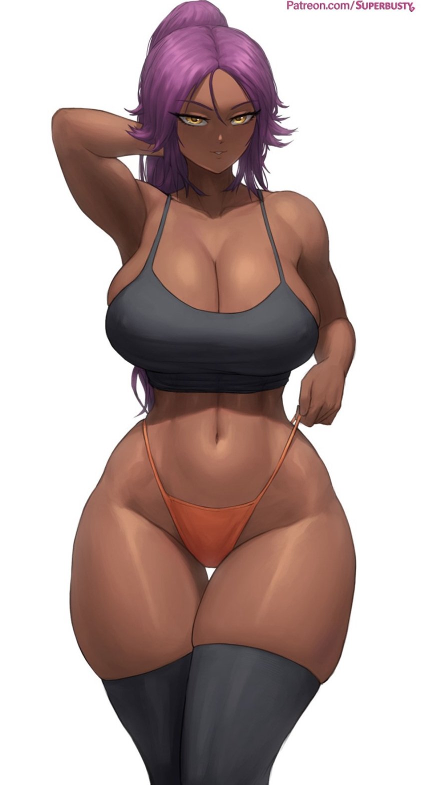 big_ass big_breasts bleach cleavage crop_top dark-skinned_female dark_skin female golden_eyes hand_on_head holding_panties orange_panties purple_hair revealing_clothes shihouin_yoruichi skimpy_clothes small_panties stockings superbusty thick_thighs thighhighs very_thick_thighs