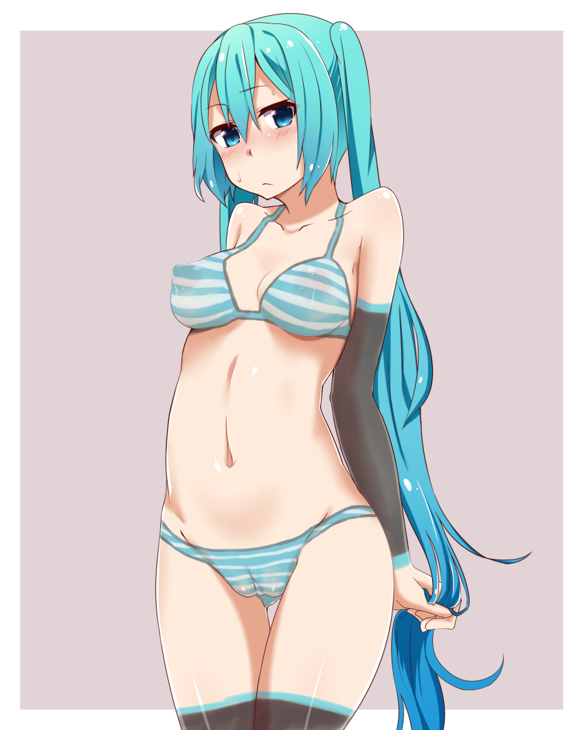 aqua_eyes aqua_hair blush bodypaint breasts detached_sleeves female hatsune_miku highres long_hair mujakuma navel nipples painted_clothes panties pussy solo striped striped_panties sweat thighhighs tied_hair twintails underwear very_long_hair vocaloid