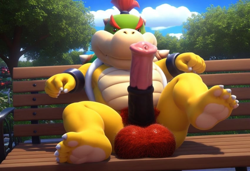 ai_generated big_penis bowser_jr. cub equine_penis gay hairy_balls horsecock huge_cock hyper_penis hyper_pubes mario_(series) park_bench penis pubic_hair public super_mario_bros. young