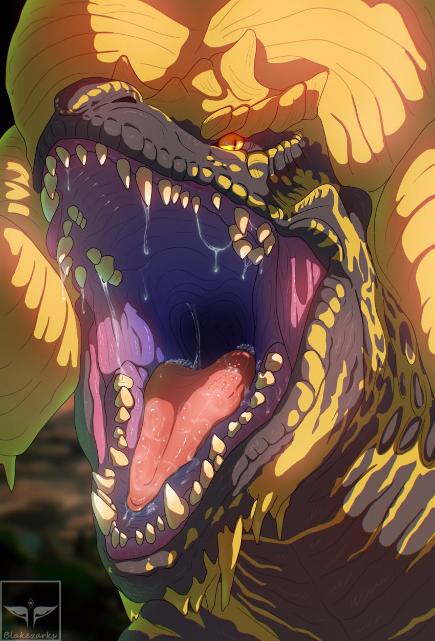 absurd_res blakezarks bodily_fluids capcom cel_shading dragon dripping elder_dragon feral headshot_portrait hi_res kulve_taroth monster_hunter mouth_shot mythological_creature mythological_scalie mythology open_mouth portrait saliva saliva_drip saliva_on_tongue scalie shaded solo vore