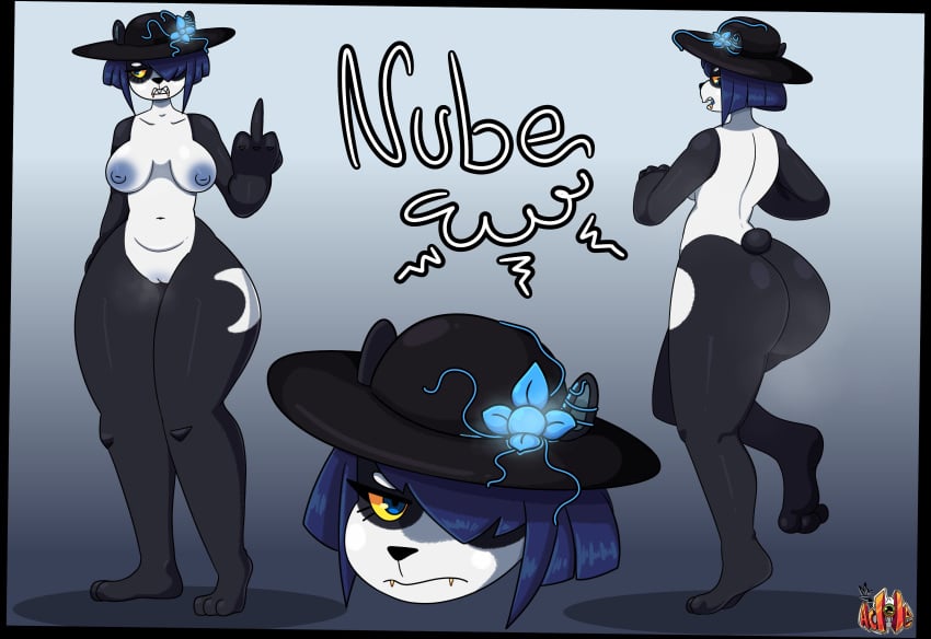 absurd_res anthro bear black_body black_fur blue_eyes blue_hair blue_nipples clothing facial_piercing female flower fur genitals giant_panda hair hat headgear headwear hi_res lip_piercing mammal mr_ache nipples nube_(kiiunae) piercing plant pussy solo white_body white_fur