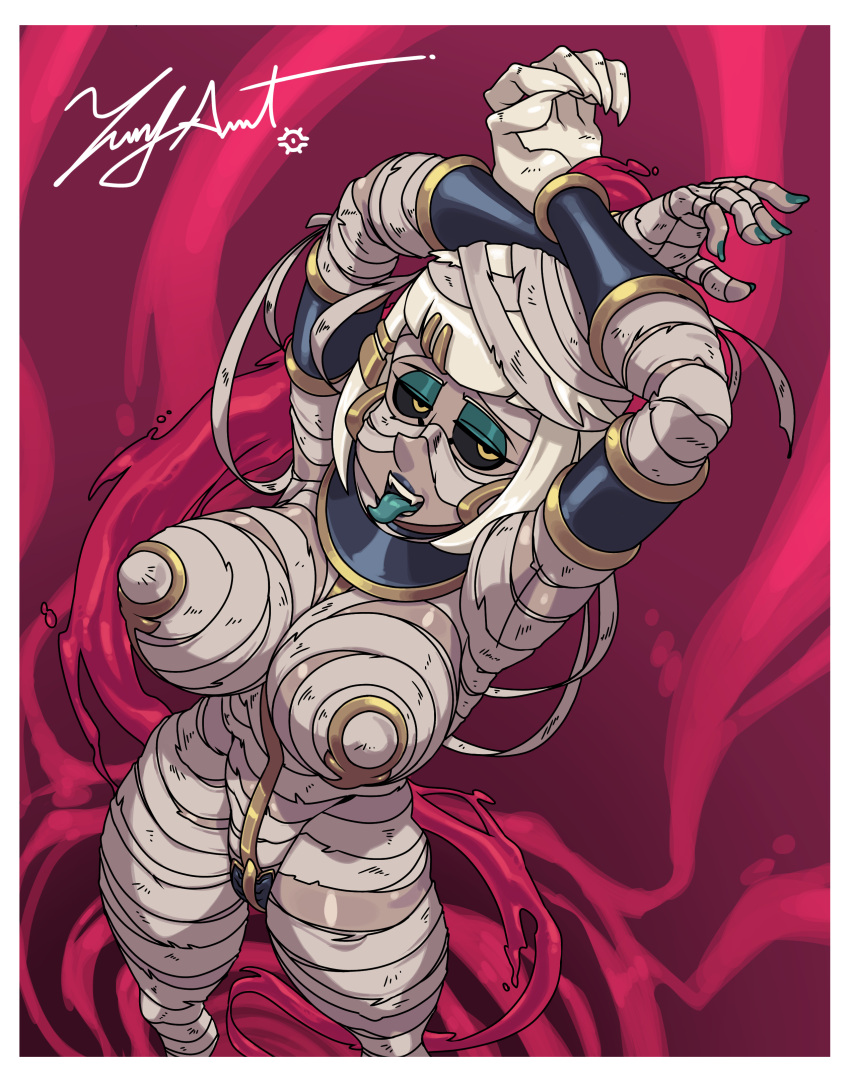 bandage bandages big_breasts blood curvy curvy_figure egyptian eliza_(skullgirls) gold_jewelry mummy mummy_costume pale_skin skullgirls sticking_out_tongue thick_thighs thighs white_hair zeusart