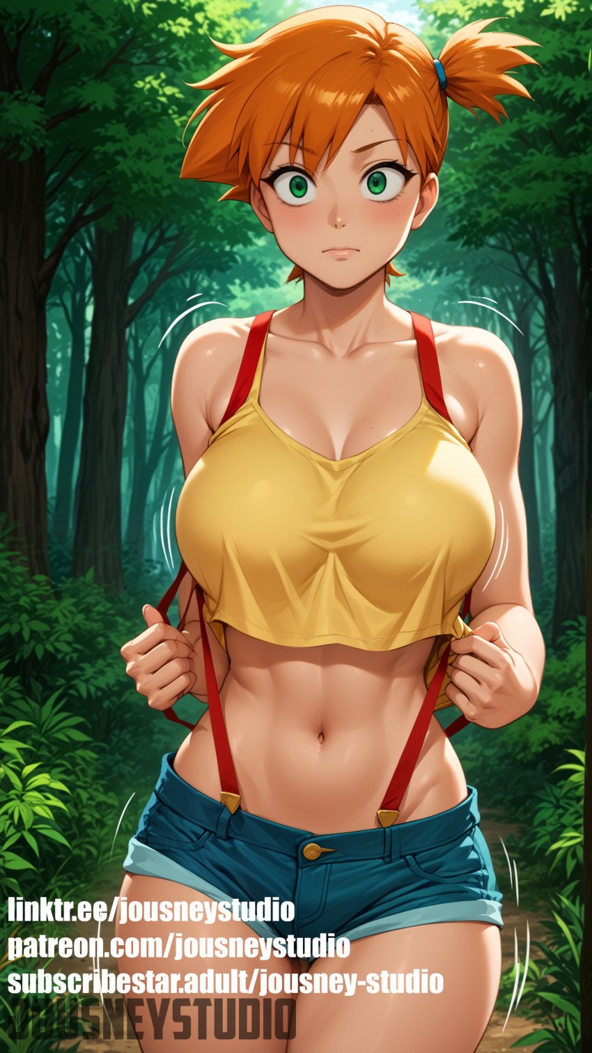abs ai_generated artist_name asymmetrical_hair bangs bare_arms bare_shoulders blue_shorts blush breasts clavicle cleavage closed_mouth clothing cowboy_shot crop_top curvaceous day denim denim_shorts english_text erect_nipples female female_only forest green_eyes hips jousneystudio kasumi_(pokemon) large_breasts looking_at_viewer midriff misty_(pokemon) motion_lines muscle nature navel nipples orange_hair outdoors patreon_username pokemon pokemon_(anime) pokemon_(game) pokemon_character pokemon_red_green_blue_&amp;_yellow ponytail shiny shiny_skin shirt short_hair short_shorts shorts side_ponytail sleeveless smile solo standing stomach suspender_shorts suspenders tank_top text thick_thighs thighs tied_hair tree watermark web_address wide_hips yellow_shirt