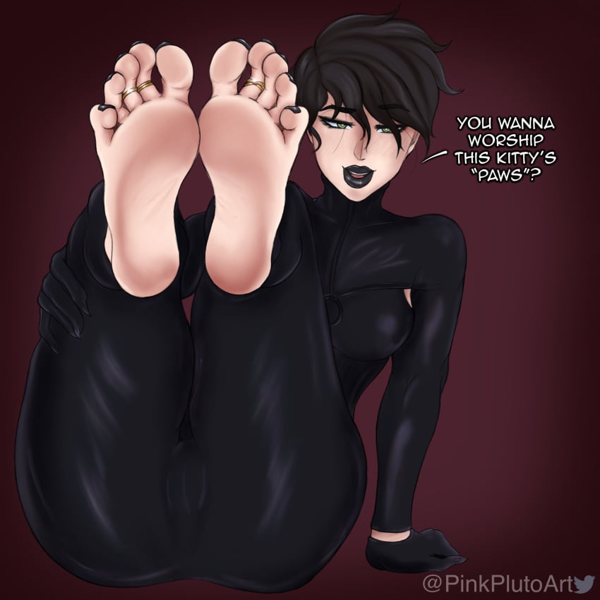 1girls 2d 2d_(artwork) alternate_version_available anus anus_peek asshole bangs barefoot batman_(series) black_lipstick black_toenails bodysuit brown_hair catwoman cum_on_soles dc digital_drawing_(artwork) digital_media_(artwork) feet feet_up female female_focus female_only foot_fetish foot_focus green_eyes latex latex_bodysuit light-skinned_female light_skin long_toes looking_at_viewer outfit pinkplutoart presenting presenting_feet presenting_pussy pubic_hair pussy pussy_lips ripped_bodysuit ripped_clothing selina_kyle short_hair simple_background soles solo solo_female suit text toe_ring toenail_polish toes vagina watermark