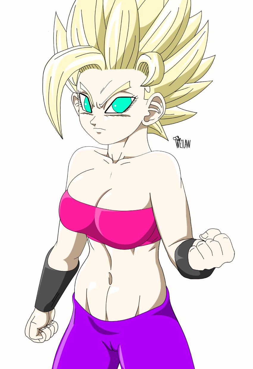 belly blonde_hair breasts caulifla clenched_fists dragon_ball dragon_ball_super female female_focus female_only green_eyes pussy spiky_hair super_saiyan wetlaw wrist_cuffs yellow_hair