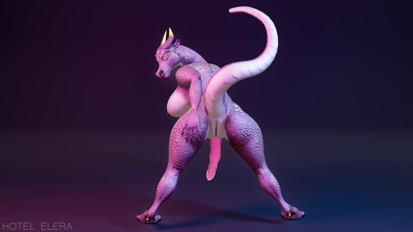 16:9 4k absurd_res anthro big_breasts breasts dragon elsera female game_(disambiguation) genitals gynomorph hi_res hotel_elera intersex intersex/female lizard mythological_creature mythological_scalie mythology penis pink_body reptile scales scalie scaly_tail solo tail widescreen