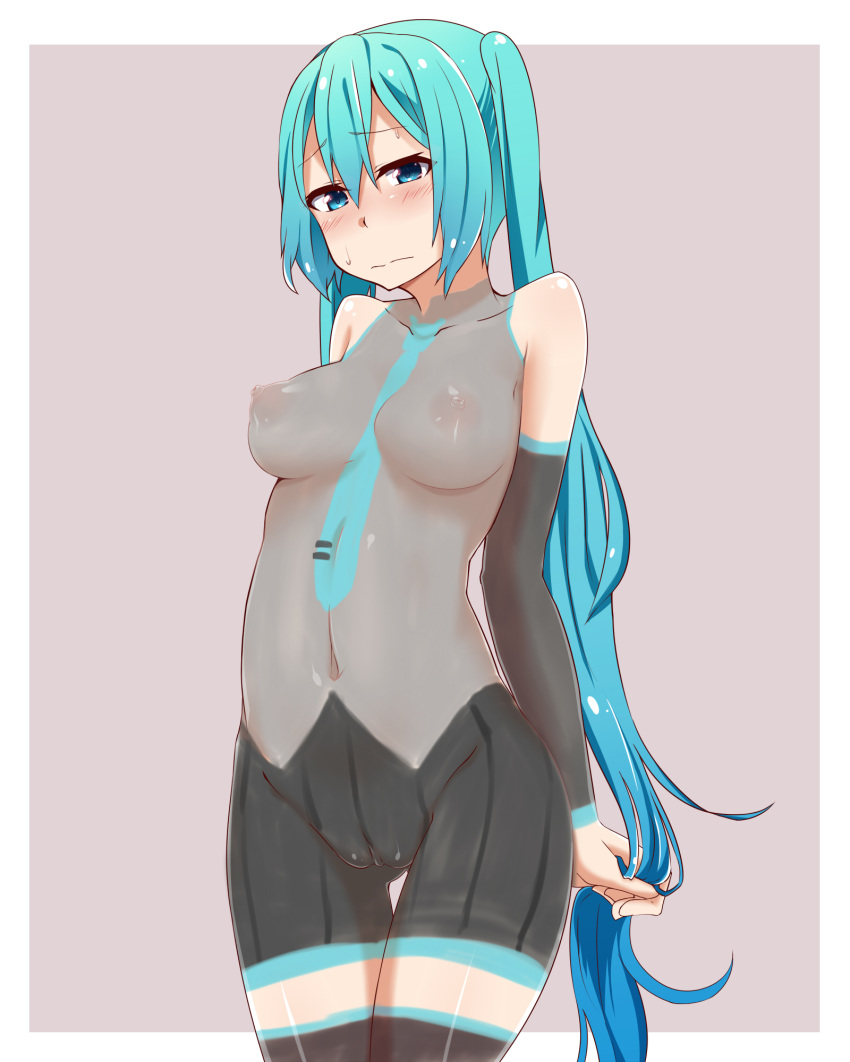 aqua_eyes aqua_hair bodypaint breasts detached_sleeves female hatsune_miku highres long_hair mujakuma necktie nipples painted_clothes pussy solo sweat thighhighs tied_hair twintails very_long_hair vocaloid