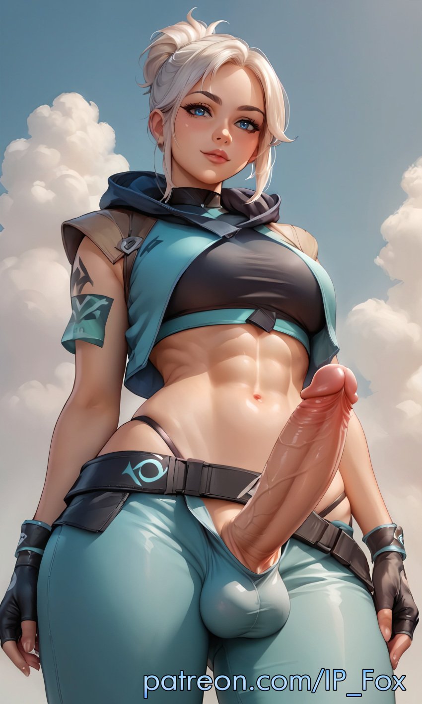 1futa abs ai_generated belt big_dick big_penis blue_eyes breasts bun_hair clouds fingerless_gloves futa_only futadom futanari hi_res high_resolution highres huge_cock ip_fox jett_(valorant) low-angle_view patreon patreon_link patreon_username penis riot_games sky sleeveless_jacket solo taker_pov uncensored url valorant watermark web_address white_hair