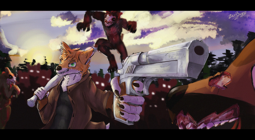 absurd_res anthro atlas_(fox) black_bars blood blood_on_face blood_on_hand bodily_fluids canid canine claws clenched_teeth clothed clothing fox fur group gun hair handgun hi_res holding_object holding_ranged_weapon holding_weapon letterbox male mammal morning open_mouth perspective ranged_weapon simple_background smile tail teeth undead weapon zerbug zombie