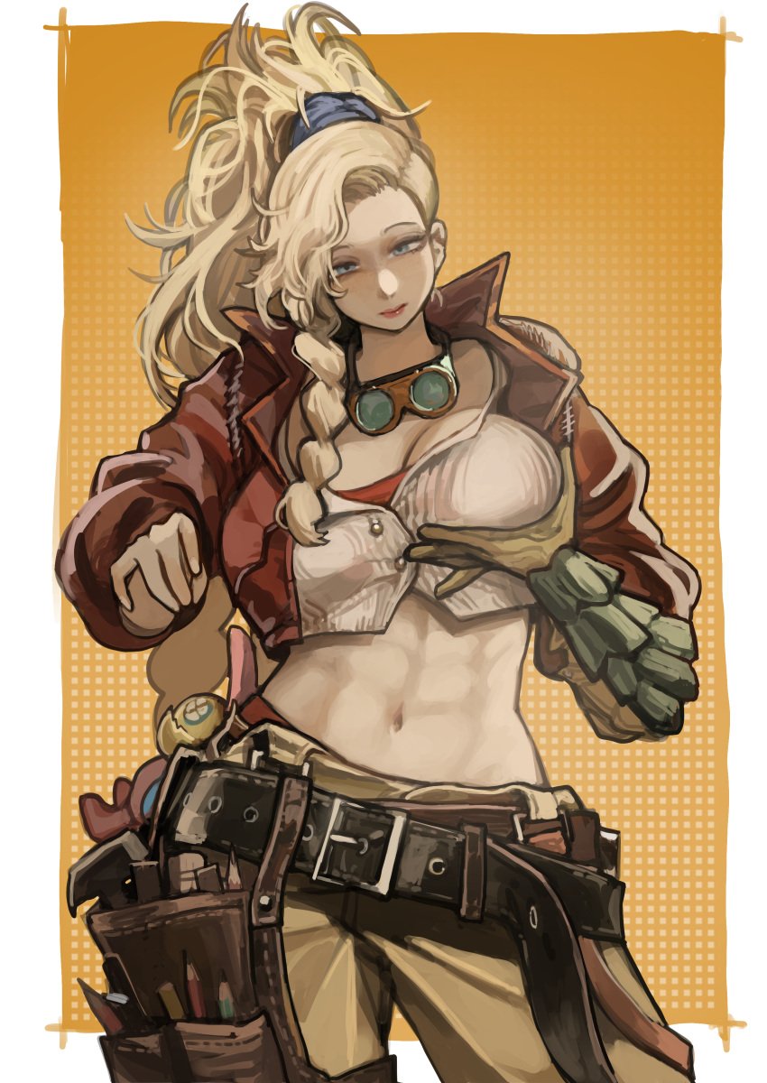 1girls abs big_breasts blonde_hair capcom cleavage female female_only gemma_(monster_hunter_wilds) groping groping_breasts miaojiangyou monster_hunter monster_hunter_wilds solo standing thick_thighs