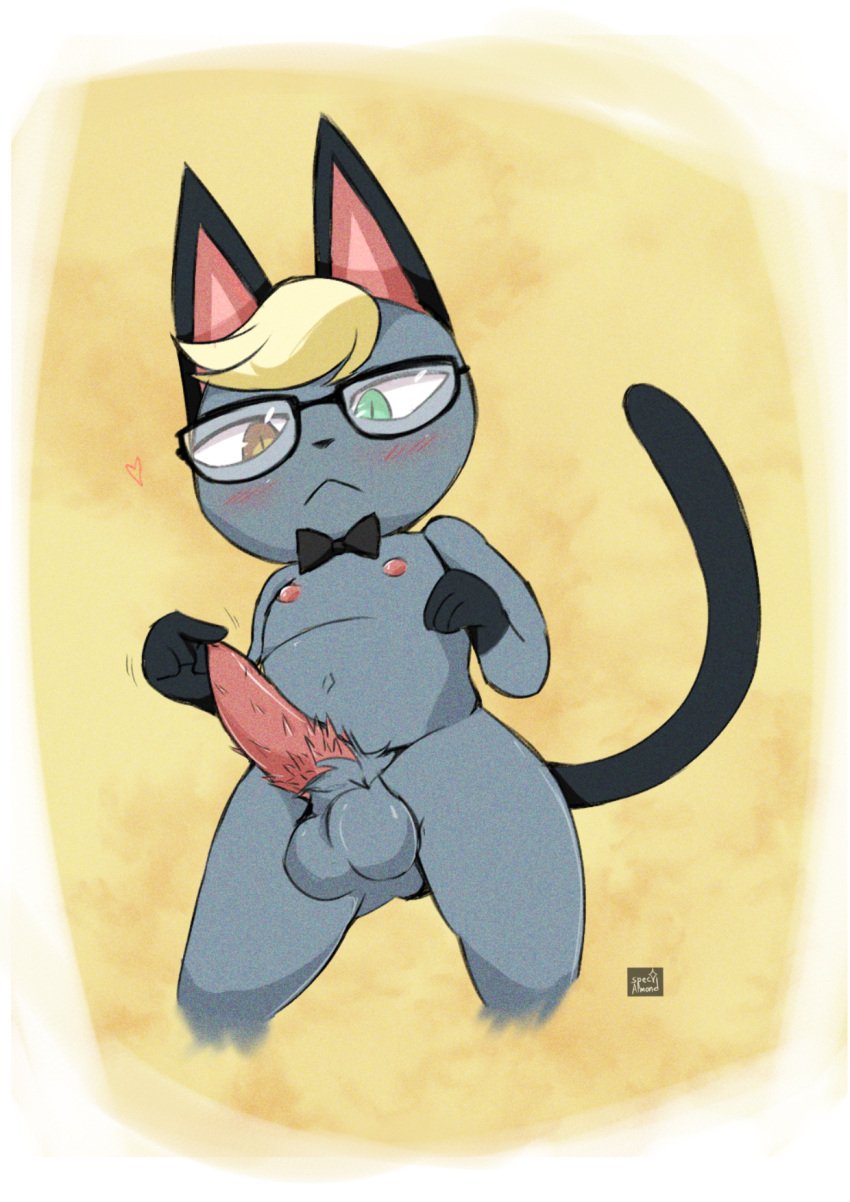 animal_crossing animal_genitalia anthro balls belly blonde_hair blush bow_tie domestic_cat eyewear felid feline felis fur genitals glasses grey_body grey_fur hair heterochromia hi_res male mammal nintendo nipples penile_spines penis raymond_(animal_crossing) simple_background solo spec_almond_(artist) thick_thighs touching_own_penis touching_penis yellow_background