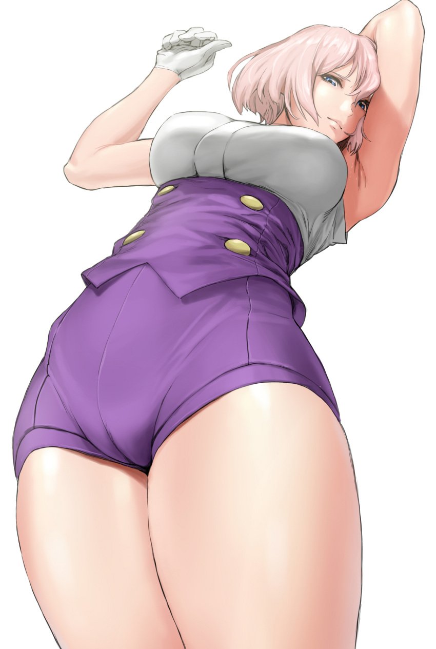 absurdres arm_behind_head armpits arms_up blue_eyes breasts closed_mouth corset female from_below gloves grey_hair gridman_universe hair_between_eyes hand_up highleg_shorts highres large_breasts looking_at_viewer mujina perfect_legs purple_corset purple_shorts royal_s shiny_skin shirt short_hair shorts sleeveless sleeveless_shirt solo ssss.dynazenon thick_thighs thighs thighs_together underbust white_background white_gloves white_shirt