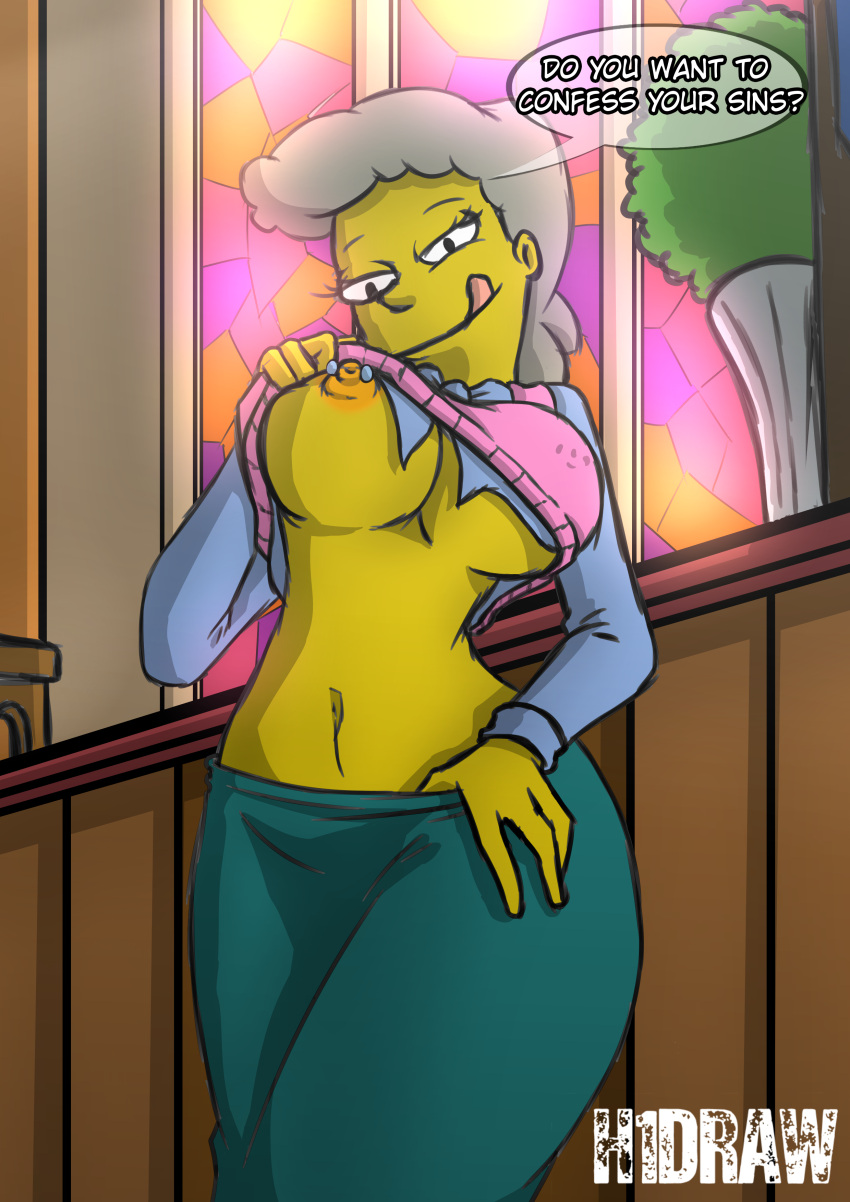 1girls breasts breasts_out church clothing dialogue female female_only gray_hair h1draw helen_lovejoy human looking_at_viewer nipple nipple_piercing solo solo_female talking_to_viewer text text_bubble the_simpsons tongue yellow_skin