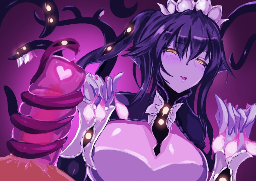 1boy 1girls blush breasts condoms filled_condoms handjob handjob_w/sex_toy huge_breasts light-skinned_male light_skin monster_girl monster_girl_encyclopedia penis pink_condoms purple-skinned_female purple_hair purple_skin sasainamono sex_toy shoggoth_(monster_girl_encyclopedia) tentacle used_condoms yellow_eyes