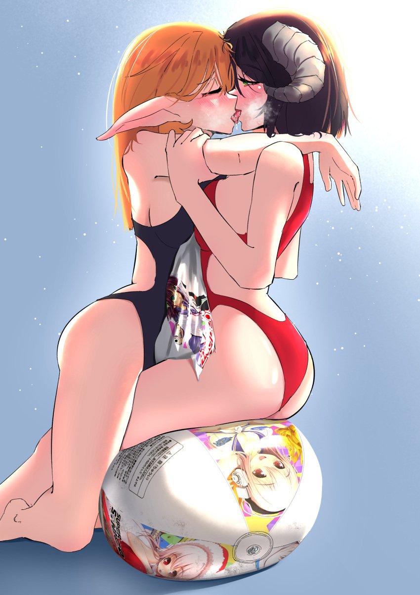 2girls akate ass ball beach_ball big_ass black_hair blonde_hair breasts competition_swimsuit demon_girl elf elf_ears french_kiss hugging inflatable kissing kissing love making_out original_character pointy_ears popped_beachball sitting sitting_on_ball sitting_on_beachball super_sonico swimsuit yuri