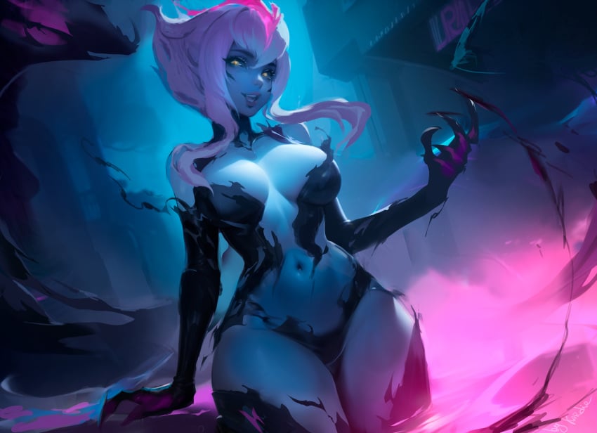 1girls black_thighhighs blue_skin breasts colored_skin dutch_angle elbow_gloves evelynn facial_mark gloves hi_res kardie large_breasts league_of_legends lips looking_at_viewer navel open_mouth pink_hair revealing_clothes riot_games short_hair_with_long_locks solo succubus thighhighs yellow_eyes