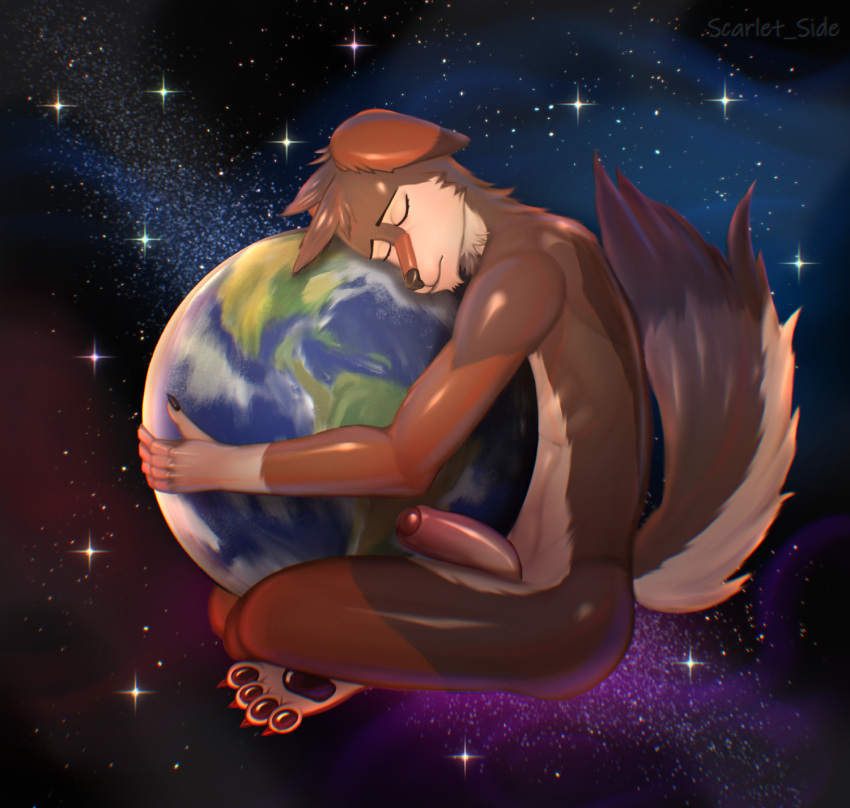 2024 anthro anthro_only ass canid canine canis claws closed_eyes cosmos digital_media_(artwork) earth feet femboy foreskin fur genitals hair hi_res holding_object in_space macro male mammal nude paws peaceful penis planet scarlet_side sky solo space star tail toes