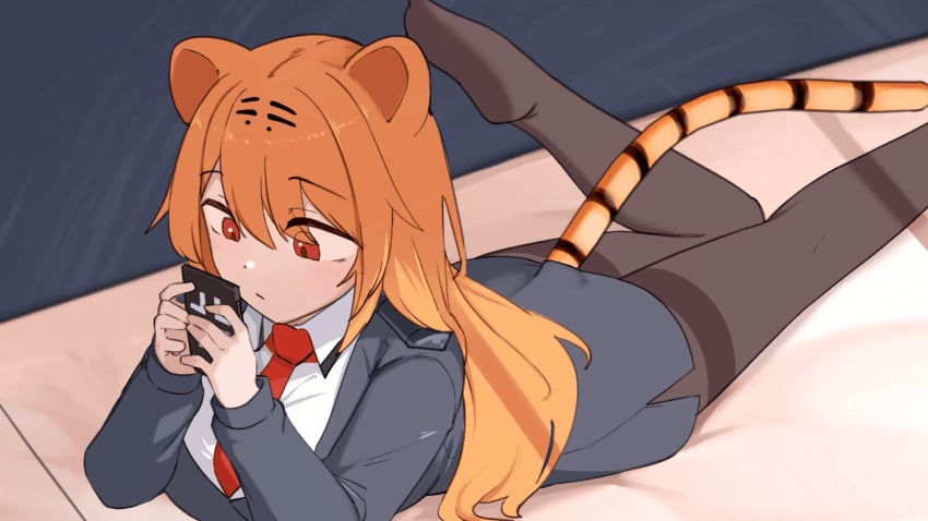 1girl 1girls 2d animal_ears big_breasts black_pantyhose black_shirt concentration daebom iron_cross kemonomimi orange_hair pantyhose patreon red_eyes red_tie solo_female tagme tail tiger_(daebom) tiger_ears tiger_tail war_thunder