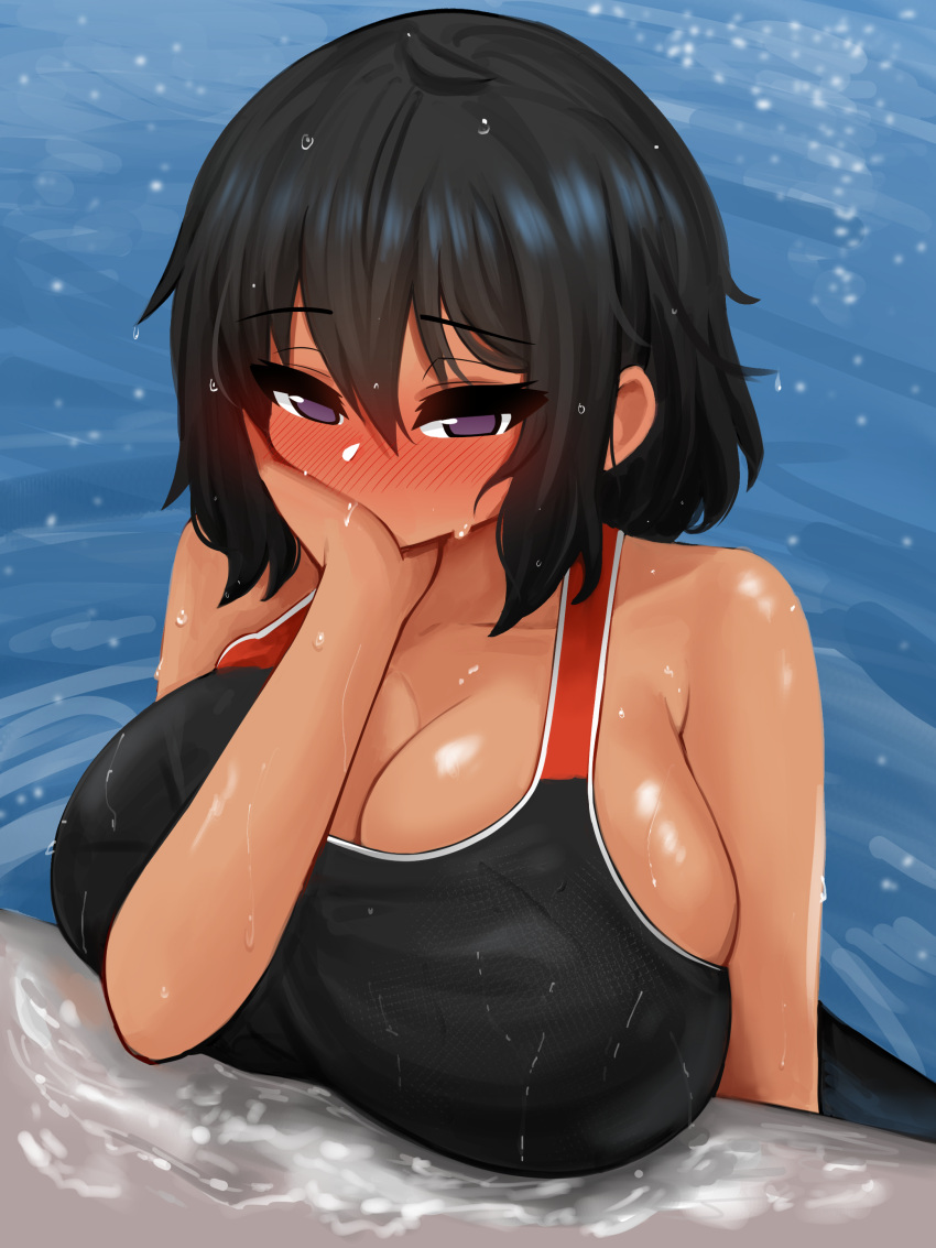 1girls alternate_version_at_source big_breasts black_hair blush blush_lines breasts cleavage dark-skinned_female himiko_(the_only_shoe) original purple_eyes solo solo_female swimsuit tan_body tan_skin the_only_shoe tomboy water wet