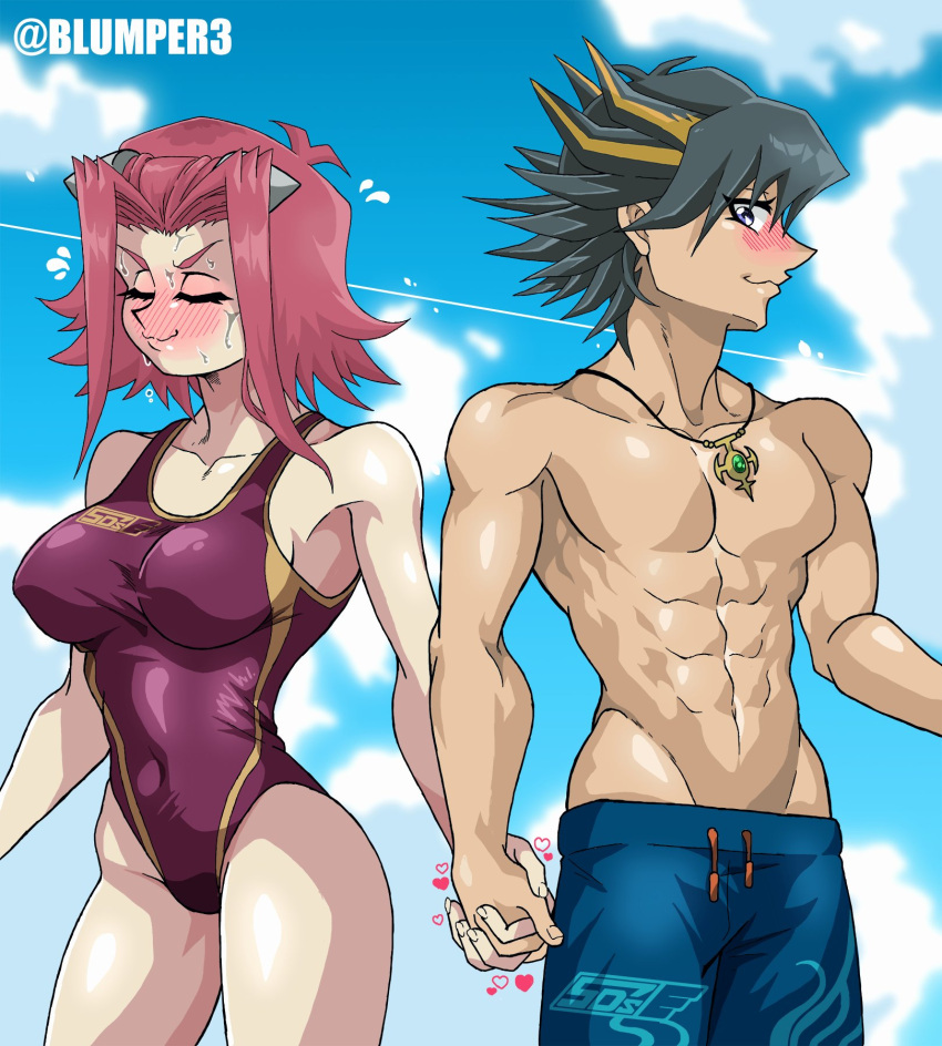 akiza_izinski blumper3 breasts curvy curvy_figure dark-skinned_male dark_skin female fudo_yusei highres holding_hands huge_breasts izayoi_aki multicolored_hair nervous nervous_sweating one-piece_swimsuit pale-skinned_female pale_skin red_hair sky sweat swimsuit toned toned_male yu-gi-oh! yu-gi-oh!_5d's yusei_fudo