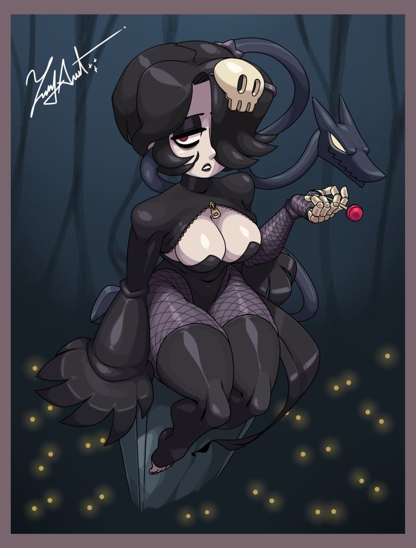 fishnet_stockings goth_girl gothic leviathan_(skullgirls) lolipop short_hair skull skullgirls squigly stockings thick_thighs thighs tombstone zeusart