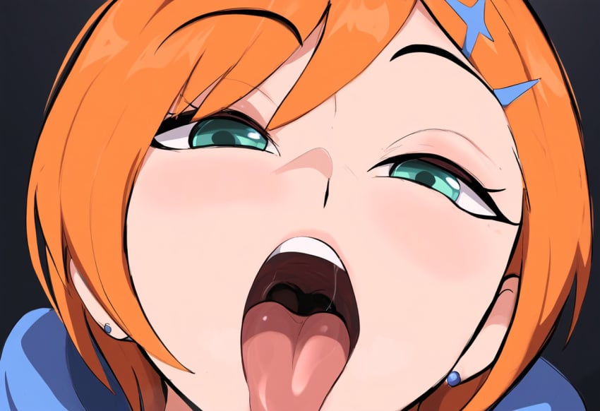 aged_up ai_generated ben_10 cartoon_network female green_eyes gwen_tennyson maw mawplay mawshot mullon novelai open_mouth oral_invitation orange_hair saliva short_hair solo tongue_out