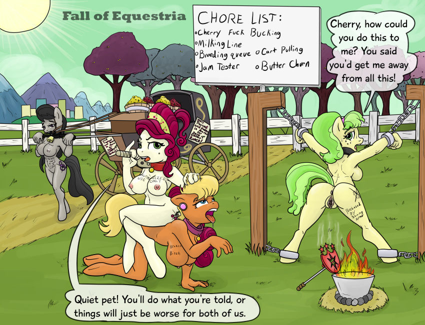 2013 4girls all_fours anthro ass betrayal big_butt body_writing bondage branding_iron branding_mark broken cherry_jubilee_(mlp) collar color day equine fall_of_equestria female female_only femsub friendship_is_magic helpless ms._harshwhinny_(mlp) ms._peachbottom_(mlp) multiple_females multiple_girls multiple_subs my_little_pony octavia_melody_(mlp) outdoors pony poprocks pussy slave smudge_proof sub_dominating_sub submissive_female