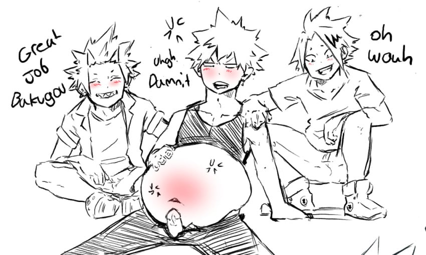 3boys belly belly_inflation big_belly blishythebishie bloated bloated_belly denki_kaminari dialogue eijirou_kirishima erection inflation katsuki_bakugou male male_only my_hero_academia penis text