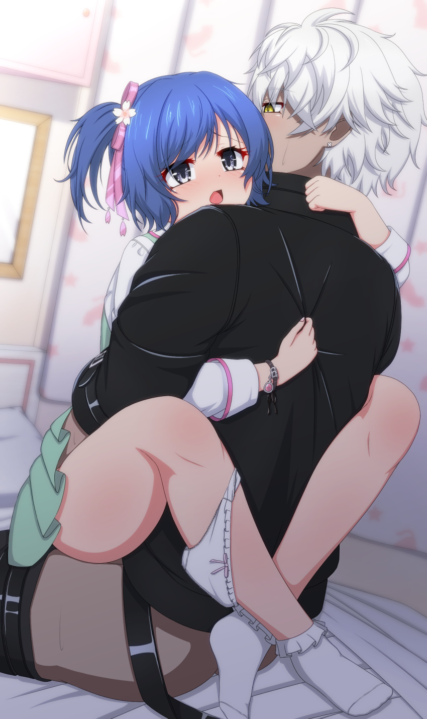 1boy a-37 ankle_socks anklehighs black_shirt blue_hair blush clothed_sex commentary_request female frilled_legwear frilled_socks fujigaya_arctia full_body grey_eyes hair_ribbon heart highres long_sleeves mahjong_soul medium_bangs nanami_reina one_side_up open_mouth panties panties_around_one_leg pink_ribbon ribbon sex shirt short_hair smile socks straddling straight tan textless_version underwear upright_straddle variant_set white_hair white_panties white_socks yellow_eyes