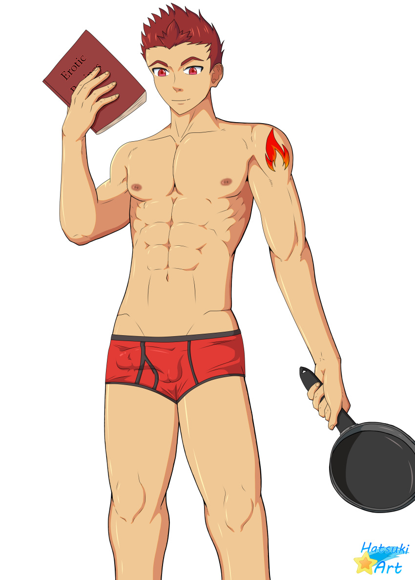 1boy abs book frying_pan hatsuki_art human male_only muscular nipples red_eyes red_hair underwear underwear_only yaoi